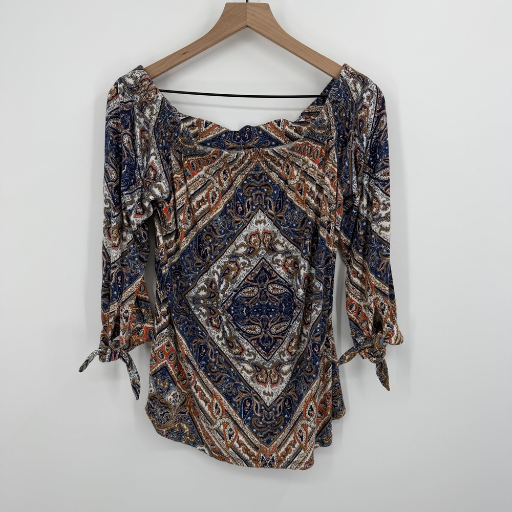 Daniel Rainn Womens Top Medium Blue Paisley Tie Sleeve Boho Off Shoulders - Picture 3 of 6